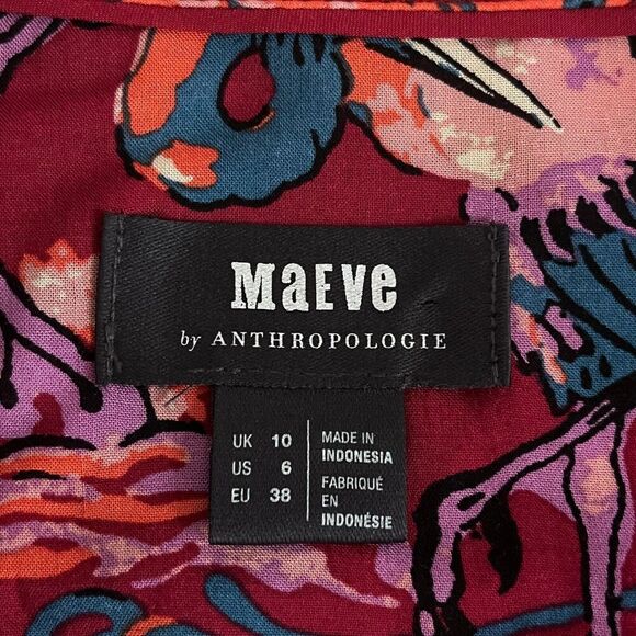 Anthropologie Maeve Darla Button Down Bird Floral Top SZ6 Multi Color Burgundy - Picture 8 of 10